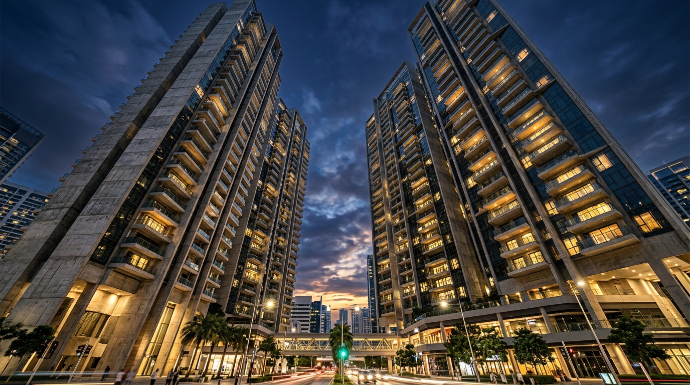 High-rise residential apartment towers with architectural concrete and evening lighting