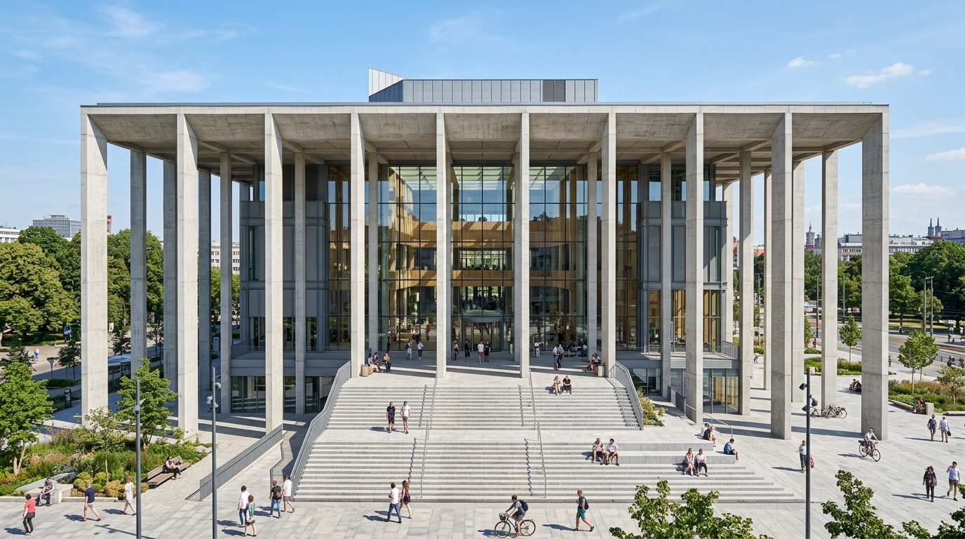 Grand public institutional building with concrete colonnade and civic plaza